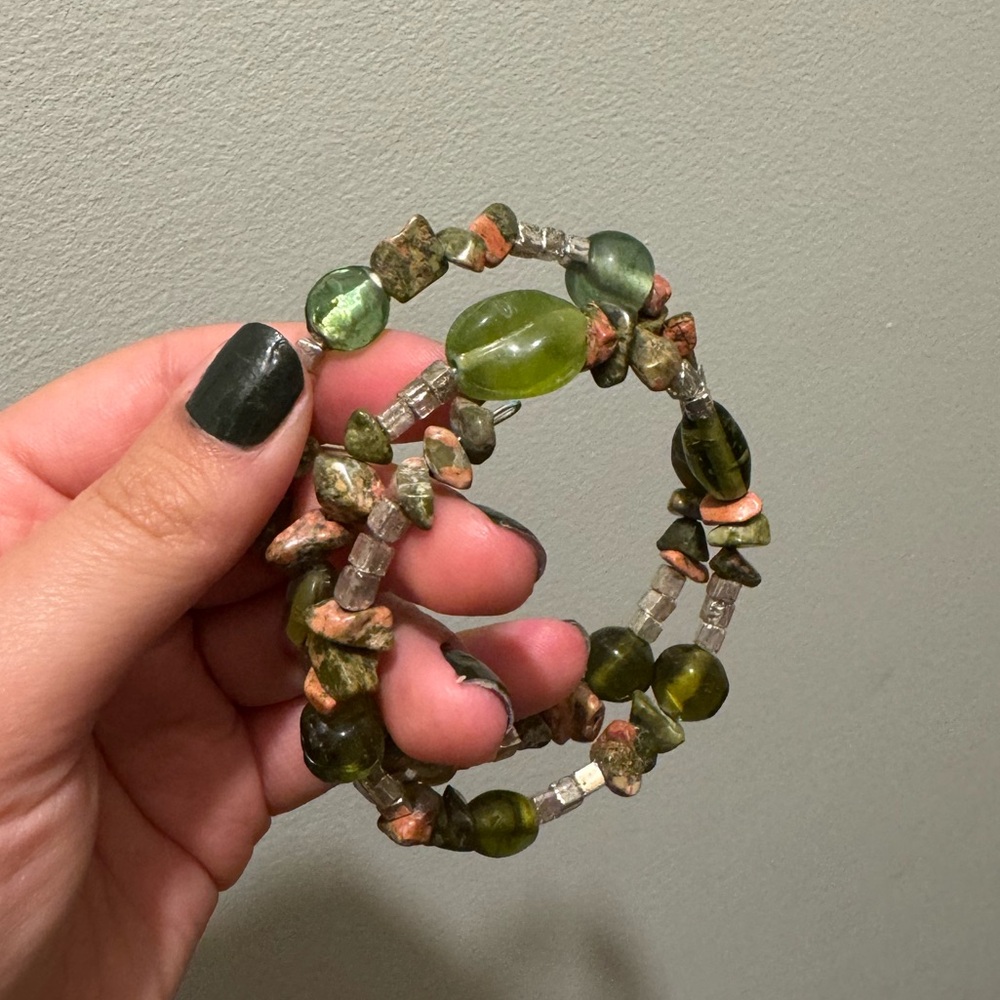 Handmade green and pink stone wrap bracelet